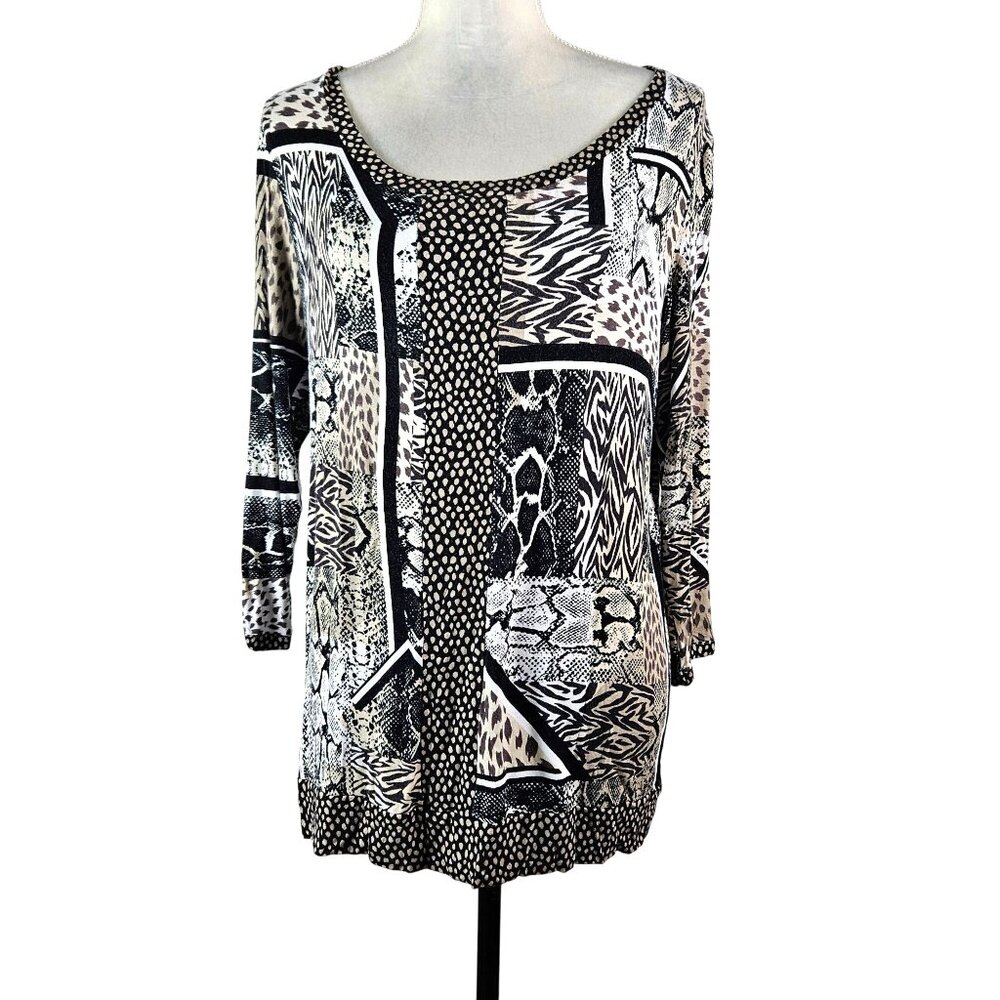 Dana Buchman Womens Animal Print 3/4 Sleeve Top Size Med Black/Beige Casual Work